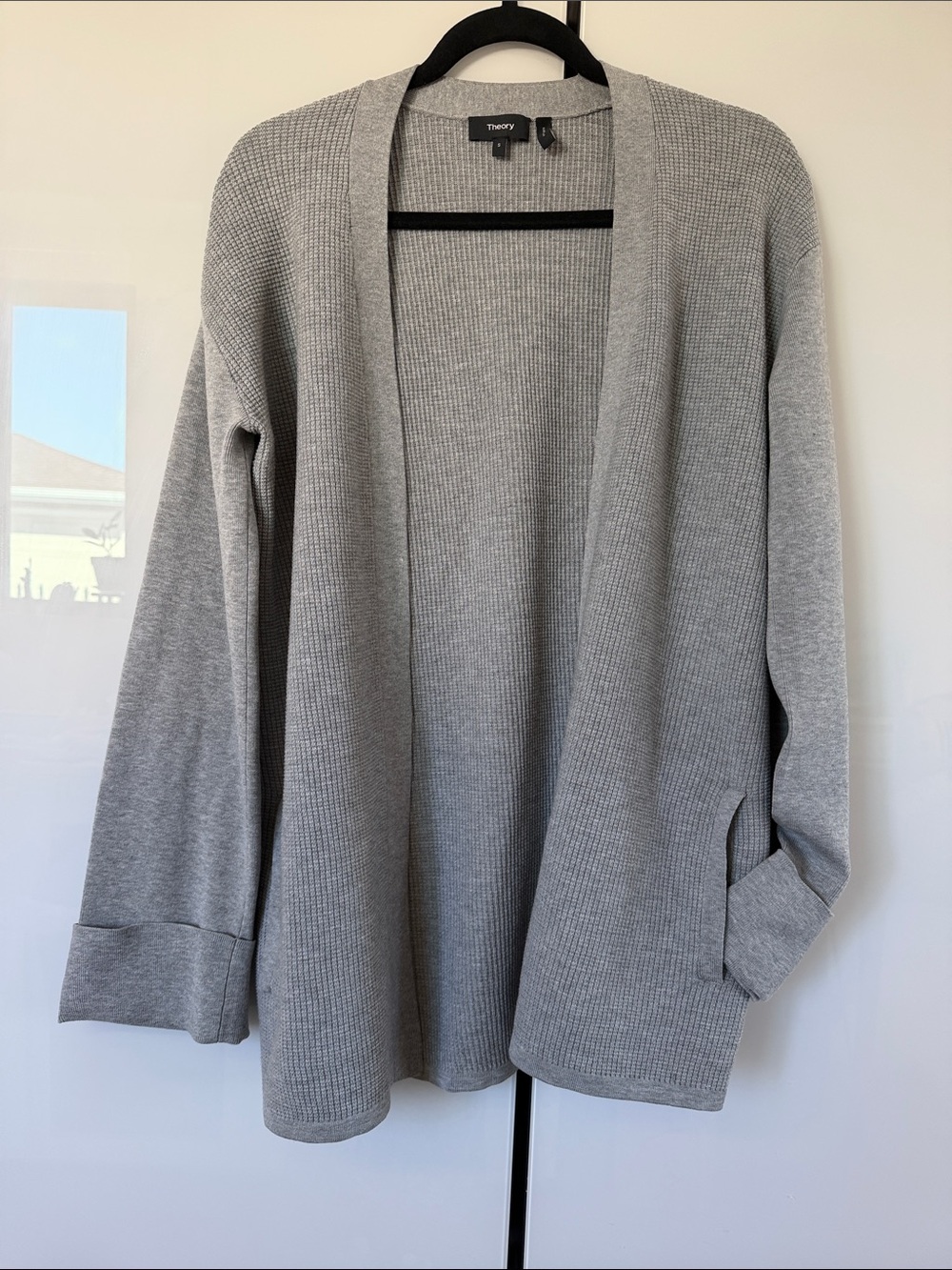 Theory Gray Open-Front Ribbed Knit Cardigan